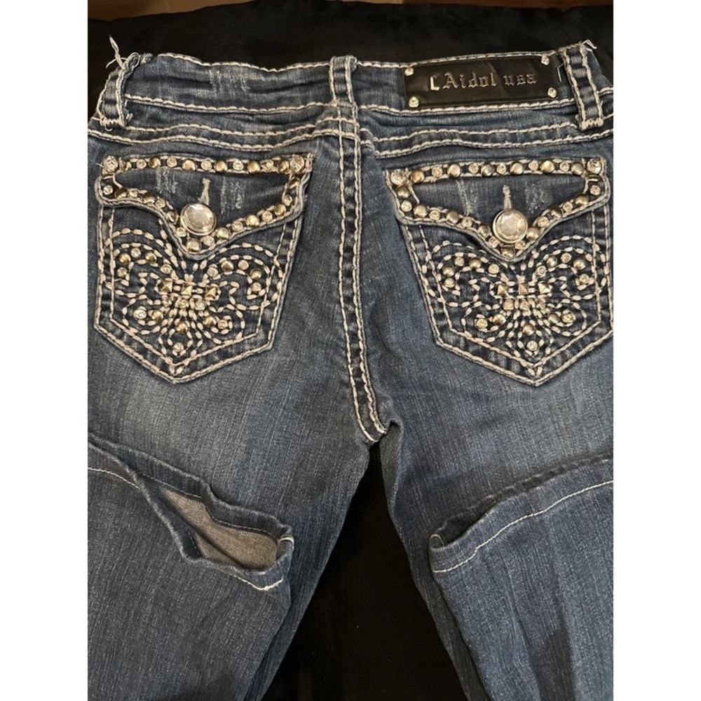 LA Idol USA Womens Jeans Size 5 Denim Rhinestone Flap Button Pocket Bootcut